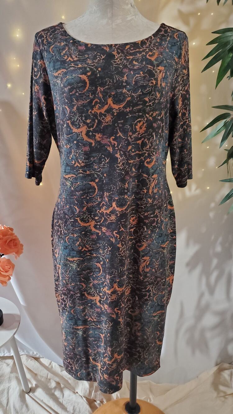 Peruvian Connection Silk Road Stretch Pima-Cotton Knit Jersey Print Dress Size L